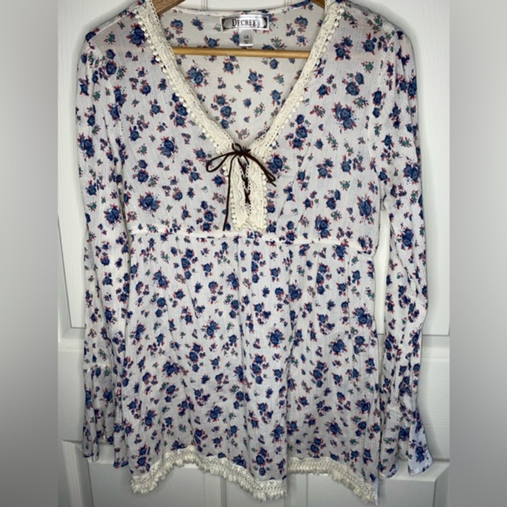 Decree White Cream and Blue Floral Lace Blouse, Cotton, Cottagecore, Spring